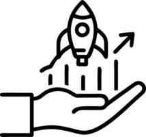 A hand holding a glowing rocket surrounded by growth indicators representing startup growth in a digital environment Set 2 vector