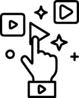 A glowing holographic play button in midair surrounded by multimedia icons letting a guiding hand prepare streaming content vector