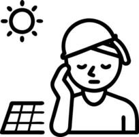 Young technician engineer man take off white helmet and wipe his sweat on face during breaks with hot and tired solar panels in background vector