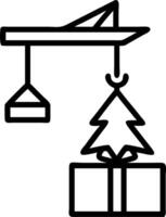yellow gift box with red ribbon being lifted by crane above decorated Christmas tree against clear sky vector