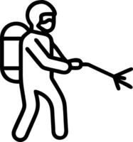 Worker in protective gear spraying disinfectant on surface in clean environment ensuring hygiene vector