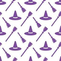 Witch hats and broomsticks seamless tile pattern with mystical elements and purple tones for magical home decor vector