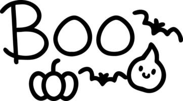 Whimsical Halloween scene featuring pumpkins bats black cat and word Boo on orange background vector