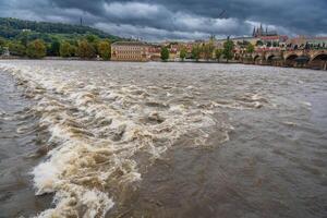 Flood in Prague. View of Prague Castle across the flooding river Vltava, Prague. High quality photo