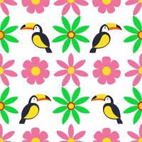 Vibrant summer seamless tile pattern with tropical birds and exotic flowers for lush garden spaces vector