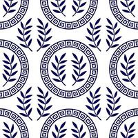 Traditional Greek key patterns and olive branches seamless tile pattern with classic blue and white tones vector