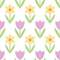 Spring pastel seamless pattern with tulips and daffodils for fresh lively spring spaces vector