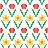Spring flowers seamless tile pattern featuring vibrant tulips and daffodils for cheerful interiors vector