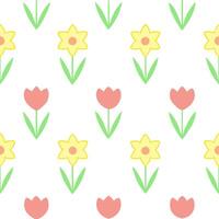 Soft pastel spring seamless tile pattern with small daffodils and tulips for cheerful decor vector