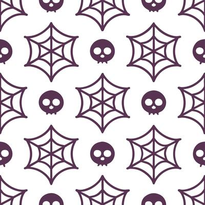 Skeletons and witches seamless tile pattern with spooky elements and dark hues for macabre Halloween decor