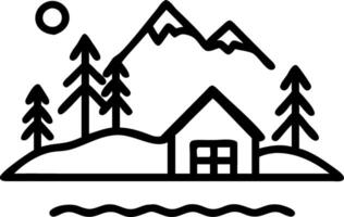 Serene red cabin stands isolated by tranquil lake surrounded by dense forest blanketed in snow creating peaceful winter scene vector
