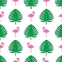 Refreshing summer seamless pattern with tropical palm leaves and flamingos for to lively tropical vibe vector