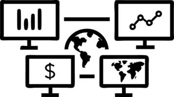 Multiple screens displaying financial data stock market charts and global maps in to dark modern control room setting vector