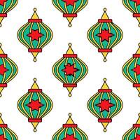 Middle Eastern geometric patterns and lanterns seamless tile pattern with intricate designs and rich colors for exotic decor vector