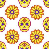 Mexican Day of the Dead skulls and marigolds seamless tile pattern with bright colors and intricate details for festive decor vector