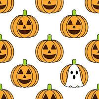 Jack to lanterns and ghosts seamless tile pattern with vibrant orange and spooky elements for festive Halloween decor vector
