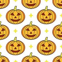 Jack to lanterns and witches seamless tile pattern with vibrant orange and magical elements for enchanting Halloween decor vector