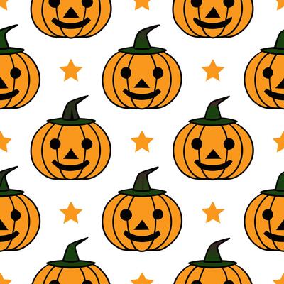 Jack to lanterns and witches seamless tile pattern with vibrant orange and magical elements for enchanting Halloween decor Set 2