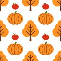 Harvest autumn trees seamless tile pattern with apple orchards and pumpkin vines for festive fall decor vector