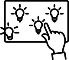 Hand pointing to numerous lamps while writing with white chalk on to blackboard illustrating creative brainstorming and idea generation concepts vector