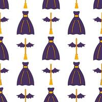 Halloween witches and broomsticks seamless tile pattern with mystical elements and dark colors for magical decor vector