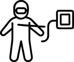 Documentary style photo of person in white air conditioned suit with large square hot coil attached appearing humorous in urban setting vector