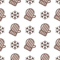 Cozy winter seamless tile pattern with knitted mittens and snowflakes for warm home interiors vector