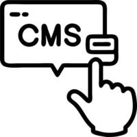 Content management system website administration concept collage IT manager pushing CMS button imaginary screen word cloud vector