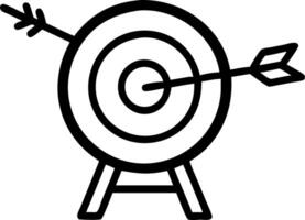 Close up of archery target with arrow hitting bullseye surrounded by blurred bows in foreground symbolizing precision and focus vector