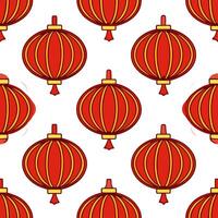 Chinese lanterns and peonies seamless tile pattern with vibrant reds and lush pinks for festive decor vector