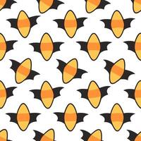 Candy corn and bats seamless tile pattern with bright colors and spooky elements for playful Halloween decor vector