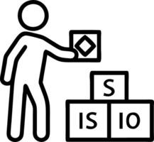 Businessman placing wooden cubes labeled with ISO standards for quality control assurance warranty on dark background representing quality control concept vector