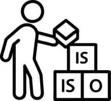 Businessman place wooden cubes labeled with ISO standards for quality control assurance warranty on dark background representing quality control concept vector