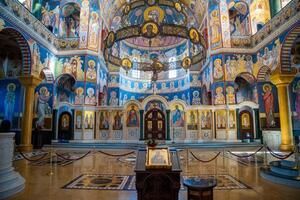 Bar, Montenegro - January 5, 2025. Interior of Orthodox Cathedral Church of St. Jovan Vladimir with frescoes in blue and gold colors in Bar, Montenegro. High quality photo