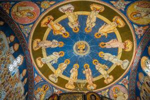 Bar, Montenegro - January 5, 2025. Interior ceiling of Orthodox Cathedral Church of St. Jovan Vladimir with frescoes in blue and gold colors in Bar, Montenegro. High quality photo