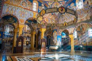 Bar, Montenegro - January 5, 2025. Interior of Orthodox Cathedral Church of St. Jovan Vladimir with frescoes in blue and gold colors in Bar, Montenegro. High quality photo