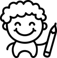A cheerful child with curly red hair smiles while holding to pencil surrounded by colorful wall decorations vector
