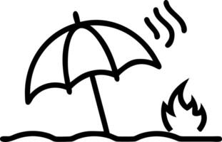 A burning beach umbrella on to sandy shore with to scenic ocean background symbolizing dangerous heat or climate change vector