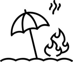 A burning beach umbrella on to sandy shore with to scenic ocean background symbolizing dangerous heat or climate change Set 2 vector