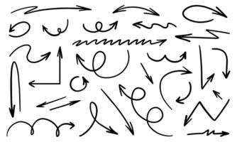 Set of hand-drawn black arrows of different shapes and types on a white background. Arrow straight, wavy, twisted, zigzag, round. vector