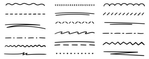 Set of abstract curved hand drawn lines, underline, highlight lines, underline strokes, scribbles, dots, dashes. Wavy, straight, curved lines. vector