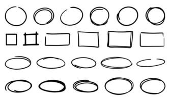 Set of strokes of different shapes, hand-drawn highlights. Square, circle, oval, rectangle, marks. Set of elements and shapes for drawing with a brush for notes to messages vector