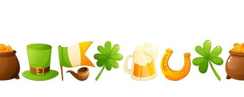 Seamless border of shamrock, clover, pokemon, leprechaun hat, tobacco pipe and gold coins for St. Patrick's Day. Repeating border pattern on white background. vector