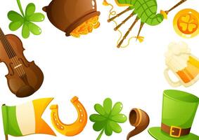frame of clover, shamrock, horseshoe, violin, leprechaun hat, tobacco pipe and beer glass for St. Patrick's Day, with space for text on white background. Rectangular horizontal frame. vector