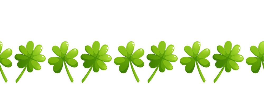 Seamless border of shamrock, clover for St. Patrick's Day. Repeating border pattern on white background.