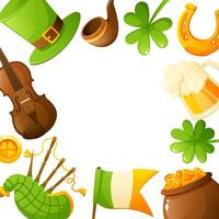 frame of clover, shamrock, horseshoe, violin, leprechaun hat, tobacco pipe and beer glass for St. Patrick's Day, with space for text on white background. Square frame. vector
