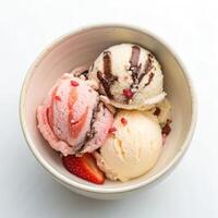Top View of Ice Cream Scoops with Toppings in a Bowl photo