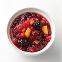 Top View of Mixed Berry Compote in a Bowl photo