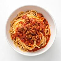 Top View of Spaghetti with Meat Sauce in a Bowl on a White Background photo