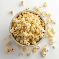 Top View of Freshly Popped Popcorn in a Bowl on White Background photo